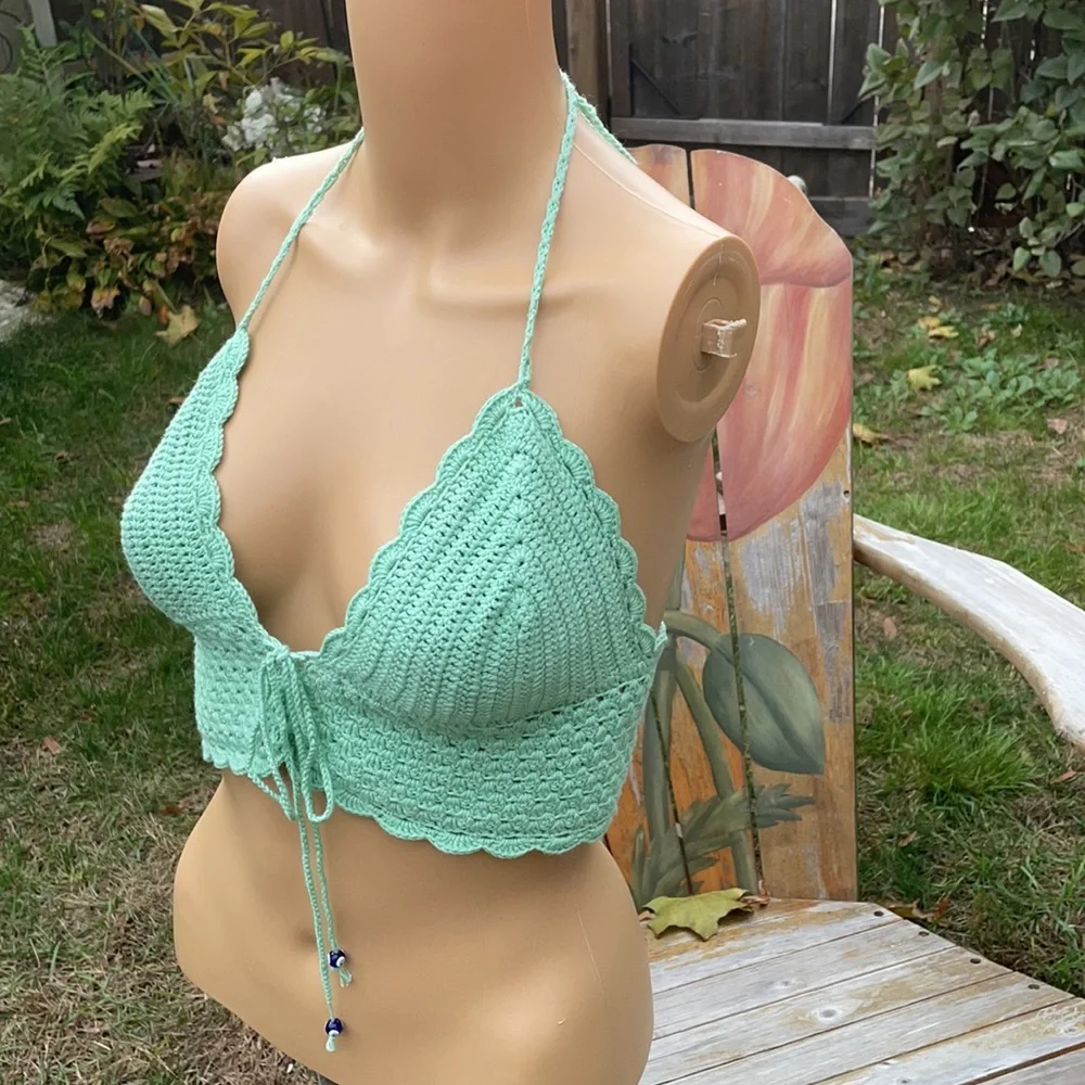 Handmade Crochet Green Bikini Top 100% Cotton M/L